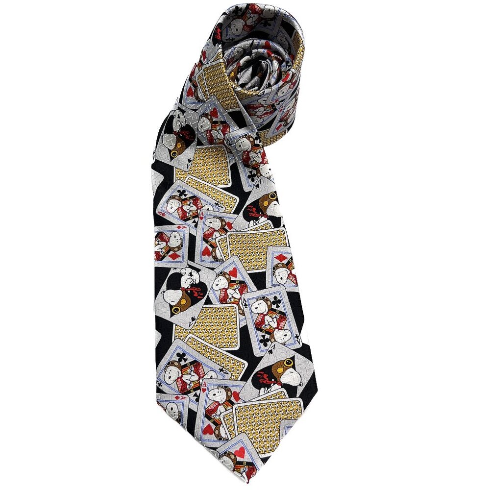 '90s Vintage Peanuts Snoopy Silk Tie WWI Flying Ace Cards Iconic Collectible Art
